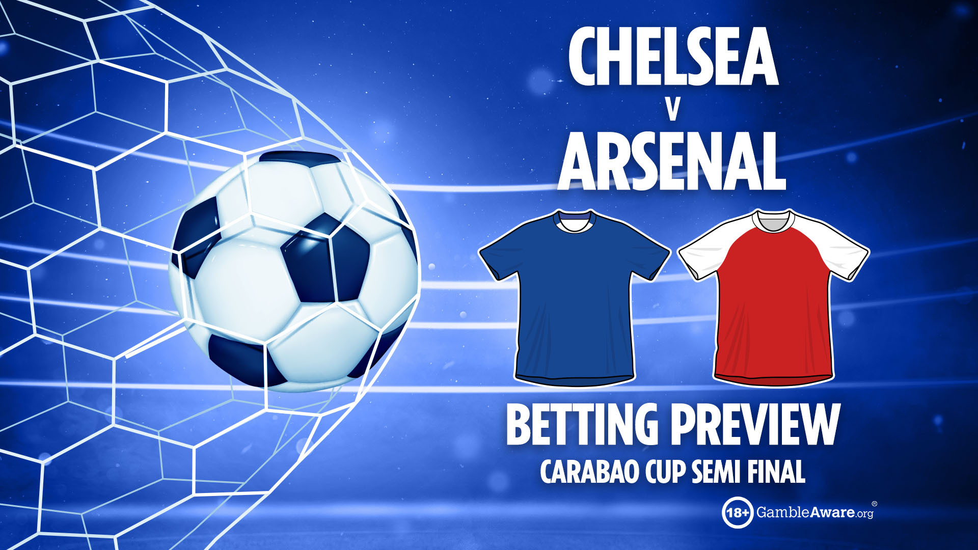 Illustration of a betting preview for the Chelsea vs. Arsenal Carabao Cup Semi-Final, featuring a soccer ball in a net and blue and red team shirts.