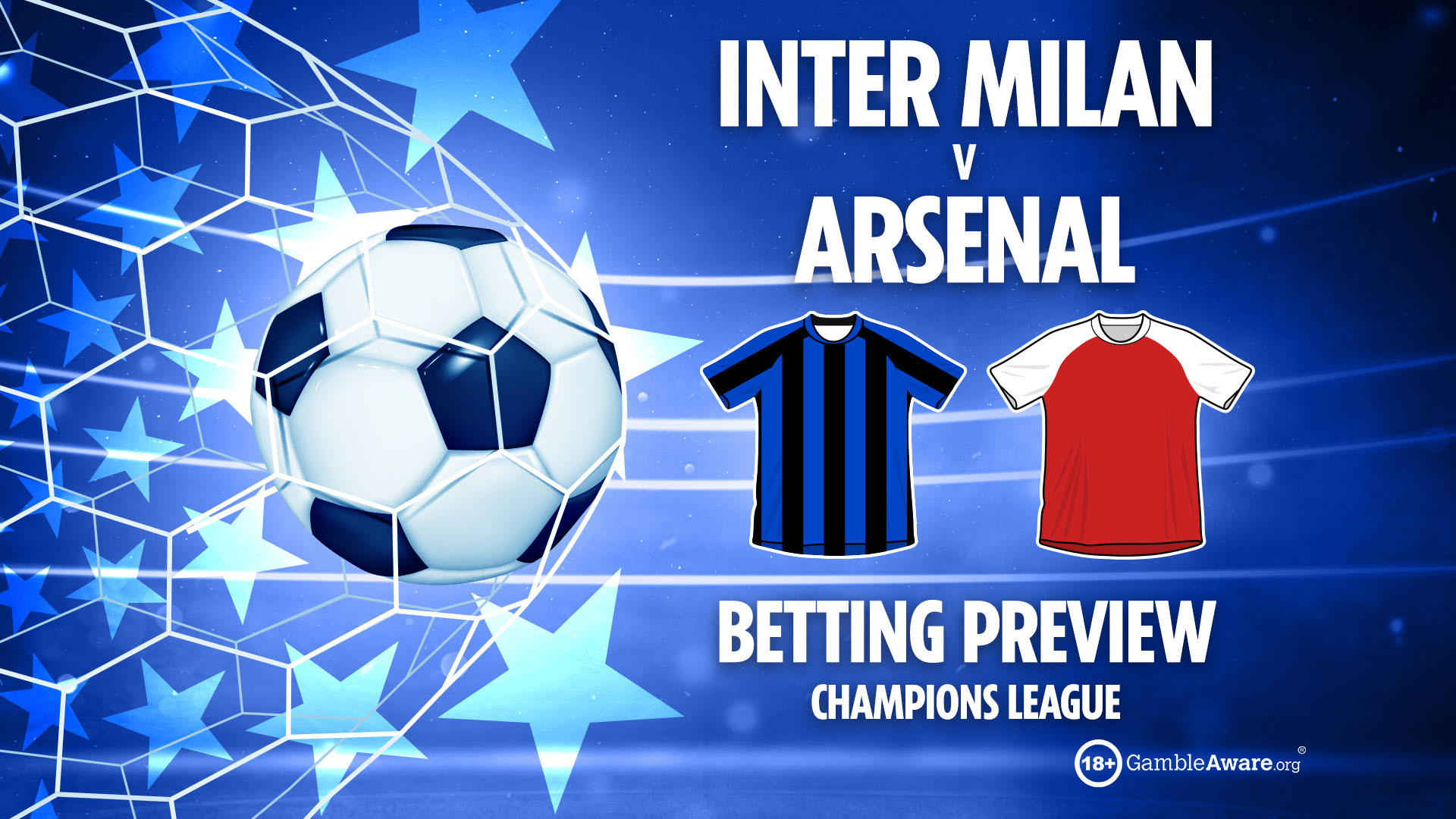 Illustration of a betting preview for an Inter Milan vs Arsenal Champions League match, showing a soccer ball in a net, an Inter Milan jersey, and an Arsenal jersey.
