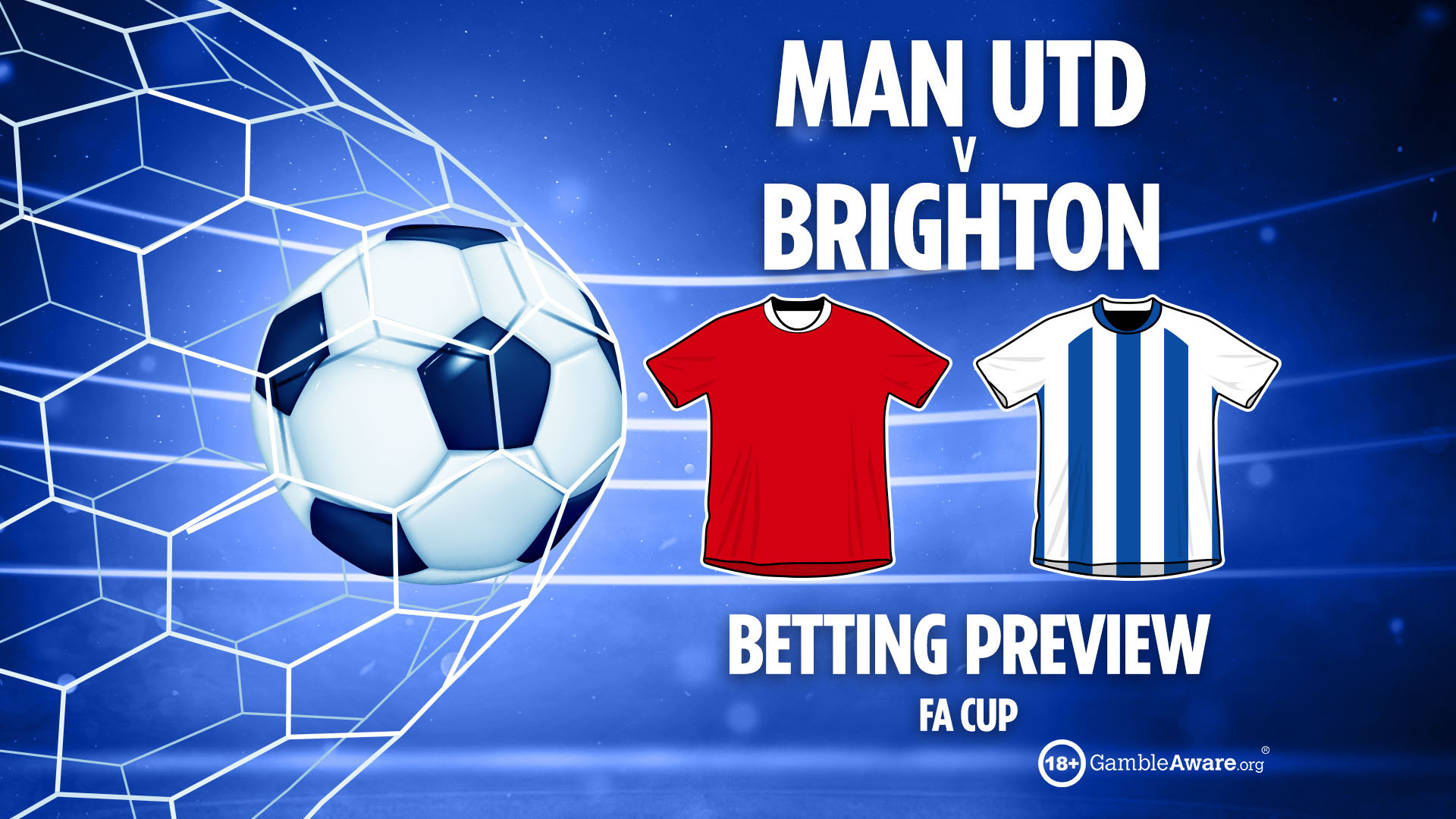 Illustration for a betting preview of a FA Cup match between Man Utd and Brighton, featuring their team jerseys and a soccer ball in a goal.