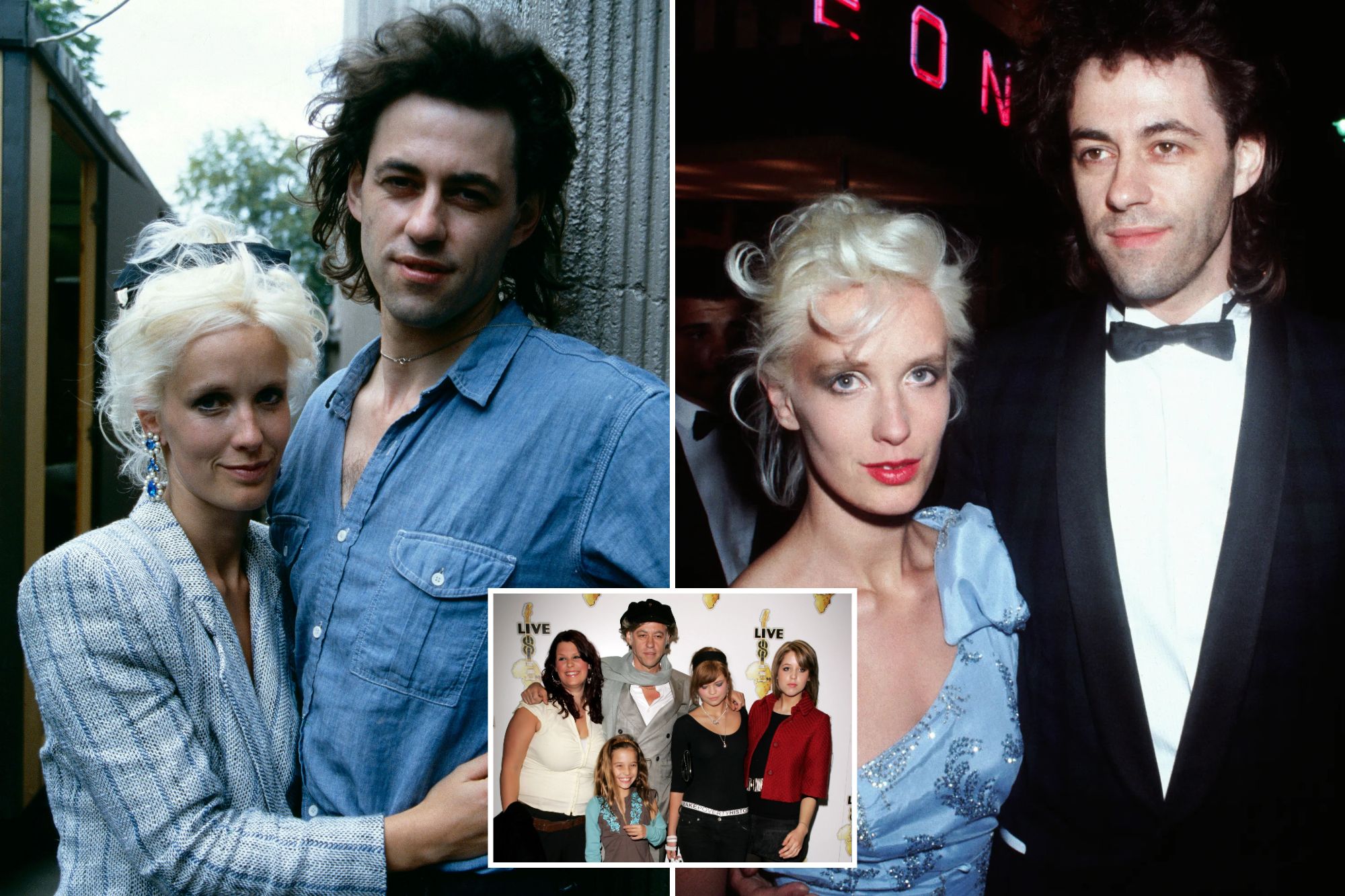An image collage containing 3 images, Image 1 shows Bob Geldof and Paula Yates at Live Aid, Image 2 shows Bob Geldolf and Paula Yates at the premiere of *A View to a Kill*, Image 3 shows Bob Geldof poses with his daughters Fifi Trixibell, Tiger Lily, Pixie, and Peaches Geldof