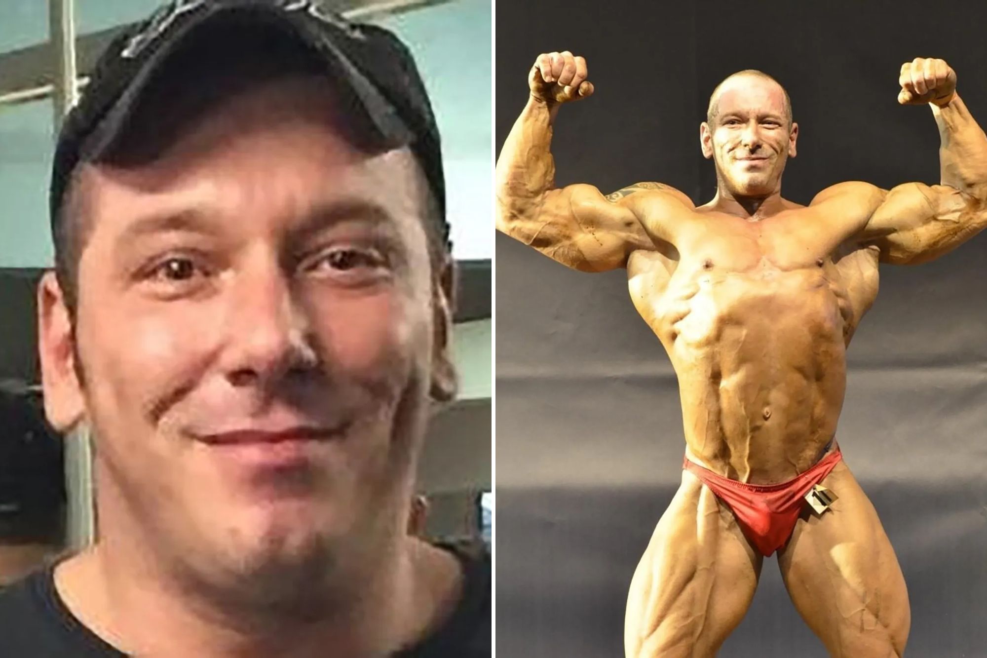An image collage containing 2 images, Image 1 shows Andrea Lorini, 48, wearing a black cap and shirt, smiles at the camera, with another man in the background, Image 2 shows Andrea Lorini, a bodybuilder, posing in red briefs