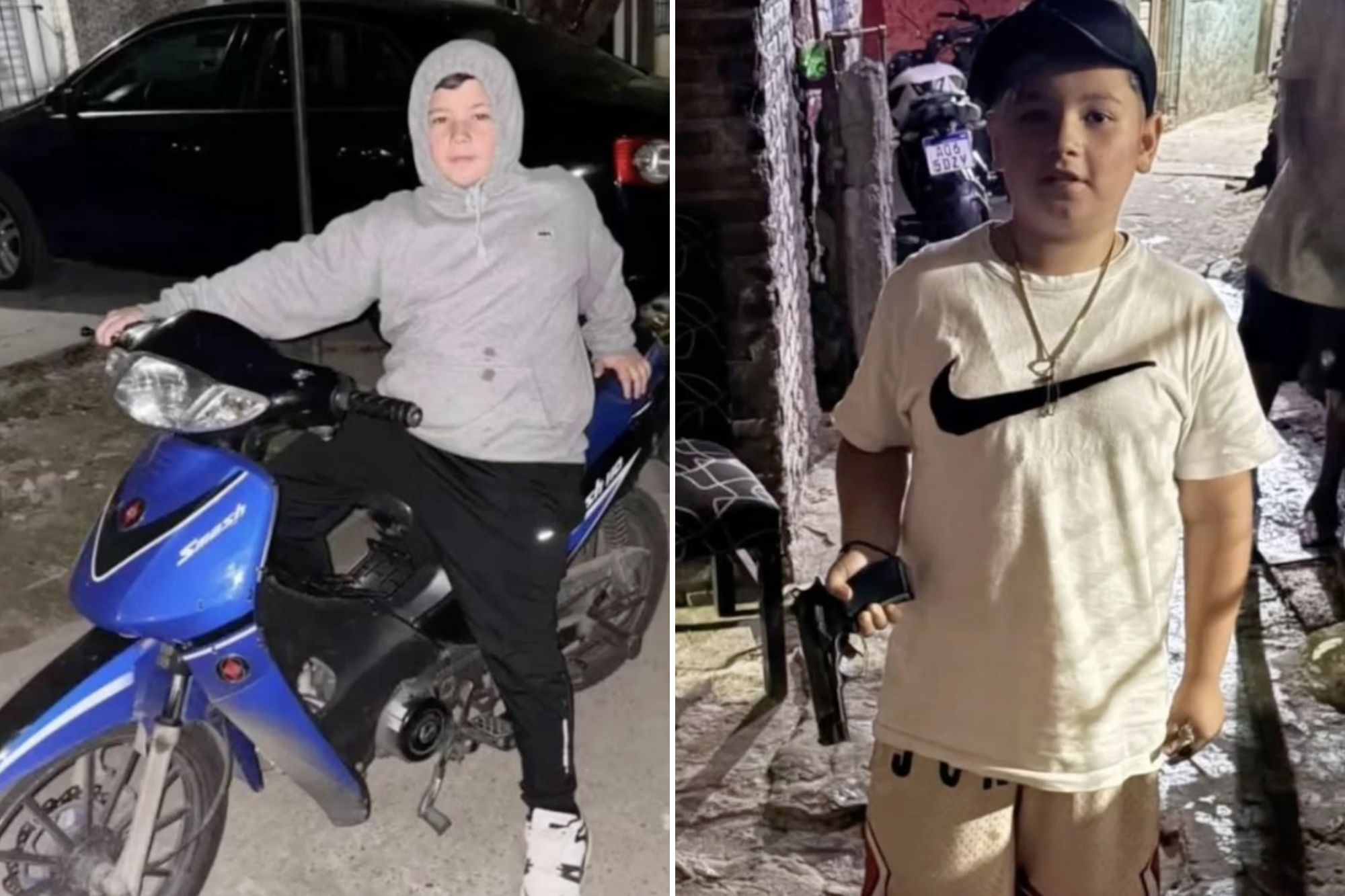 An image collage containing 2 images, Image 1 shows Uriel Alejandro Giménez, a 12-year-old boy in a grey hoodie, sits on a blue motorcycle, with a black car in the background, Image 2 shows Uriel Alejandro Giménez, a 12-year-old boy, holding a handgun