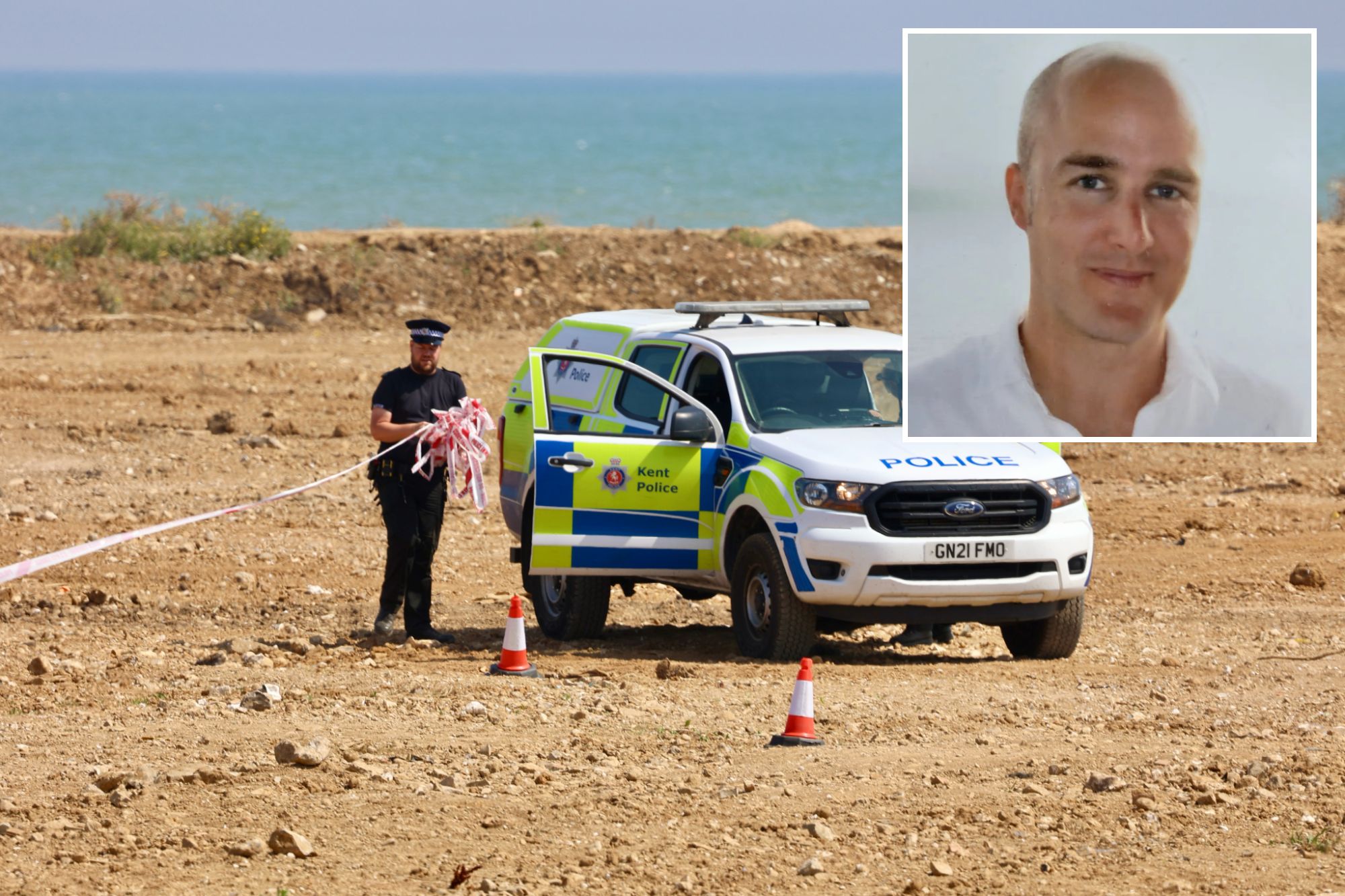 An image collage containing 2 images, Image 1 shows A police officer and police vehicle at a crime scene on Warden Bay Beach in Kent, Image 2 shows Alexander Cashford, a bald man in a white shirt, smiling against a light background
