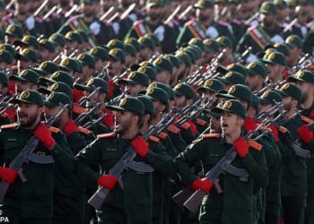 The Iranian Revolutionary Guard Corps (IRGC) has led a deadly crackdown on anti-government protesters. Pictured are soldiers at a rally in 2024