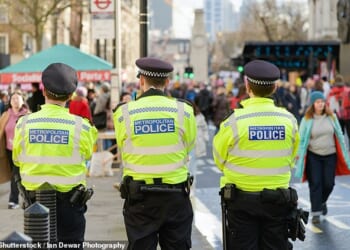 Three members of Metropolitan Police in high visibility uniforms watch protests in Westminster (file photo)