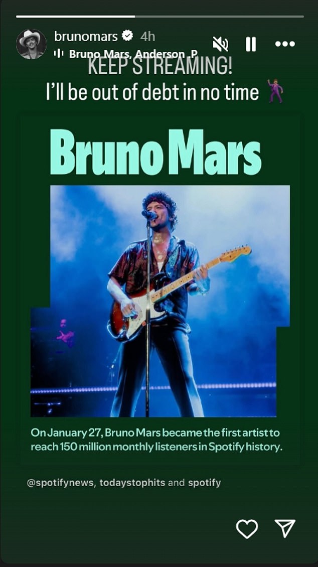 Last year Bruno made a reference to a past rumour that he has a $50 million gambling debt with MGM Resorts in an Instagram Stories post Tuesday celebrating his success on Spotify