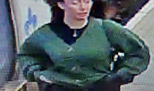 The woman in the photos has long dark hair and is pictured wearing a green cardigan and a pair of black mini shorts