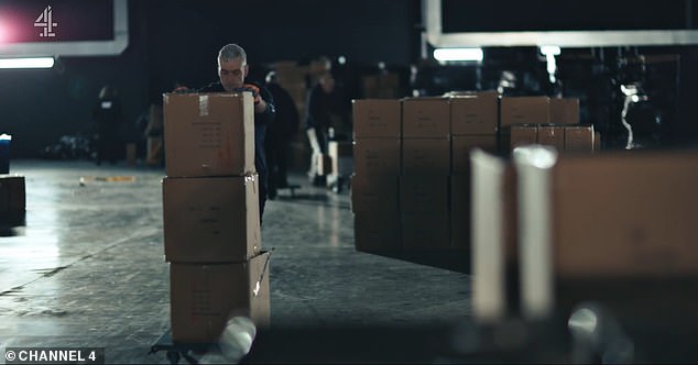 Police officers were shown stacking the mountains of knives away