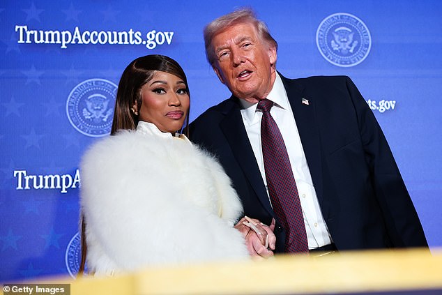 Trump invited Minaj on stage in an off-script moment at the Andrew W. Mellon Audotorium in Washington, DC on Wednesday, January 28, 2026