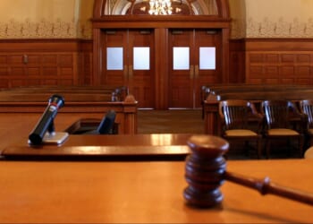 The inside of an empty courtroom.