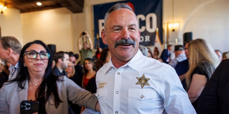 Riverside County Sheriff Chad Bianco mingles through the crowd after announcing his bid for governor at Avila's Historic 1929 Event Center on Feb. 17, 2025, in Riverside, California.