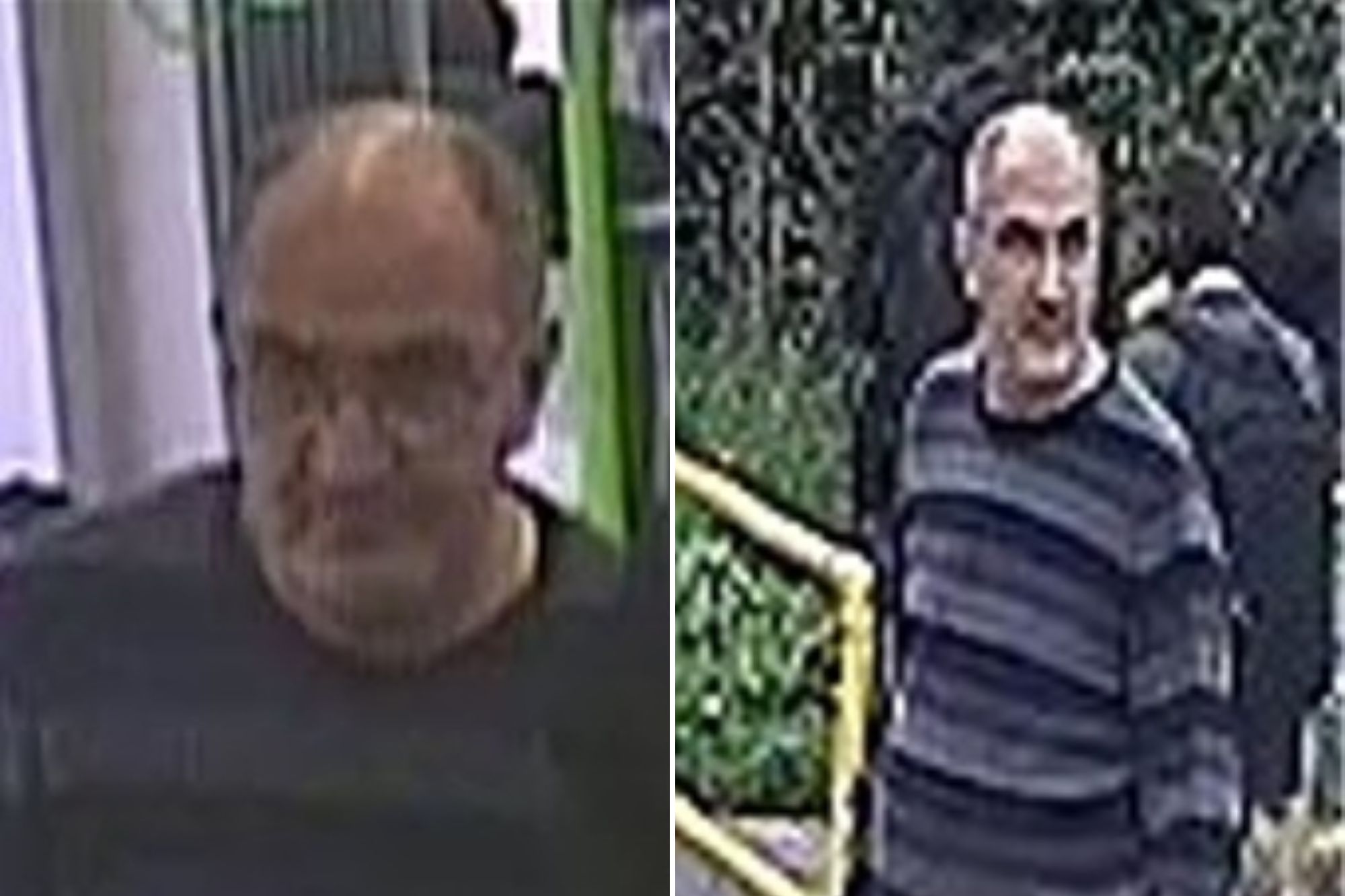 An image collage containing 2 images, Image 1 shows CCTV image of a man with glasses and receding hair, wearing a dark sweater, Image 2 shows CCTV image of a man in a striped sweater, light blue jeans, and dark shoes, holding a plastic bottle and another item