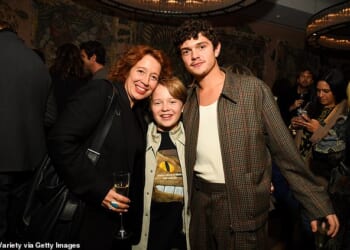 Katy Cavanagh's (left) two sons - Noah, 20, (right) and Jacobi Jupe, 12 (centre) - are set to be the toast of Hollywood thanks to their roles alongside Jesse Buckley in director Chloe Zhao's highly lauded Hamnet
