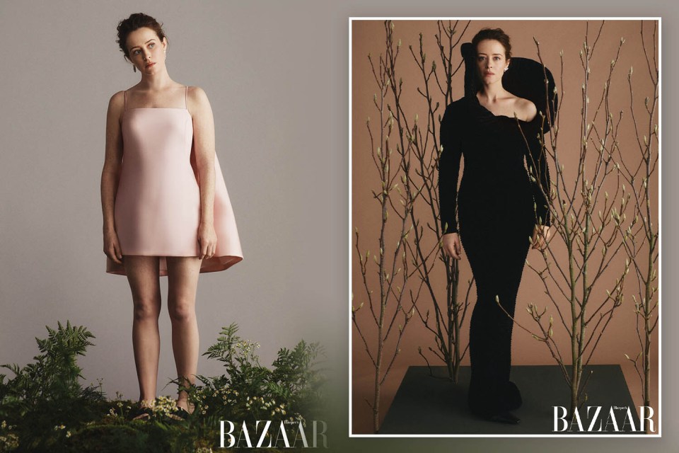 Collage of Claire Foy in a pink dress on greenery and in a black dress with branches.