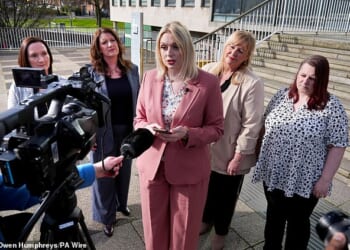 Bethany Hutchison (centre, in pink) is one of the claimants who took on a health trust claiming sexual discrimination and sexual harassment because nurse Rose Henderson ¿ who was born male but identifies as a woman ¿ was able to share the female changing room