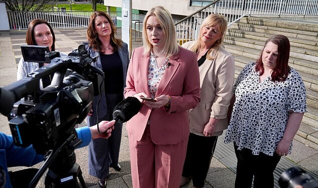 Bethany Hutchison (centre, in pink) is one of the claimants who took on a health trust claiming sexual discrimination and sexual harassment because nurse Rose Henderson ¿ who was born male but identifies as a woman ¿ was able to share the female changing room