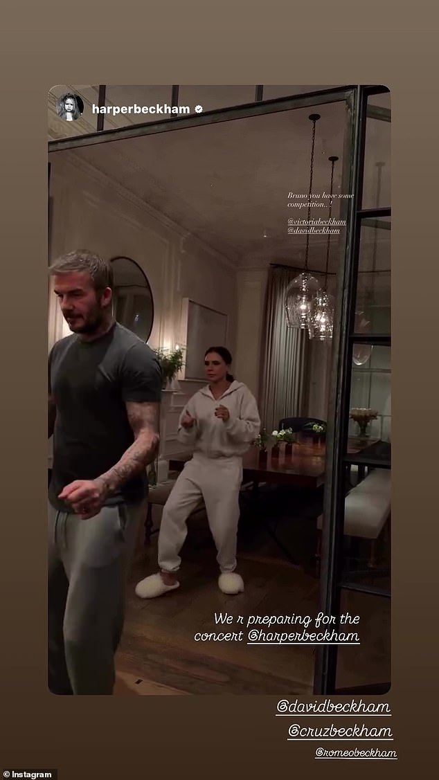 Reposting Harper's Instagram Story, Victoria wrote: 'We are preparing for the concert', before tagging sons Cruz and Romeo in the post