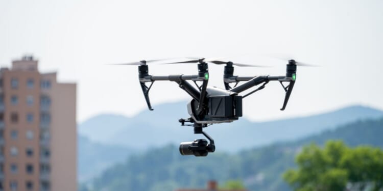 A view of a drone with a camera flying over a city.