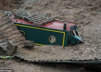 Three narrowboats were dragged to the depths of a gaping canal collapse in Shropshire
