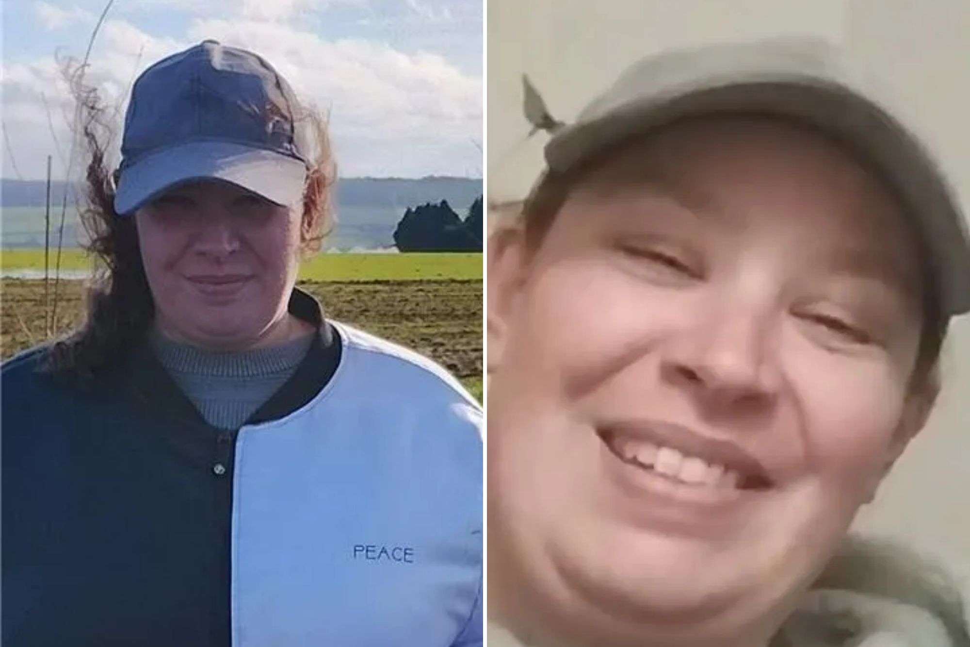 An image collage containing 2 images, Image 1 shows A woman in a blue cap and a jacket that is half black and half light blue with the word "PEACE" on the light blue side, smiling, Image 2 shows Jennifer Wallington smiling