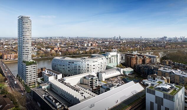 The structure's main tower would include 56 private flats and a 10-storey 'shoulder tower' containing 54 social homes, a workspace for small businesses, a community hub and a restaurant (Pictured: an artists rendition of the plans with the tower seen on the left)