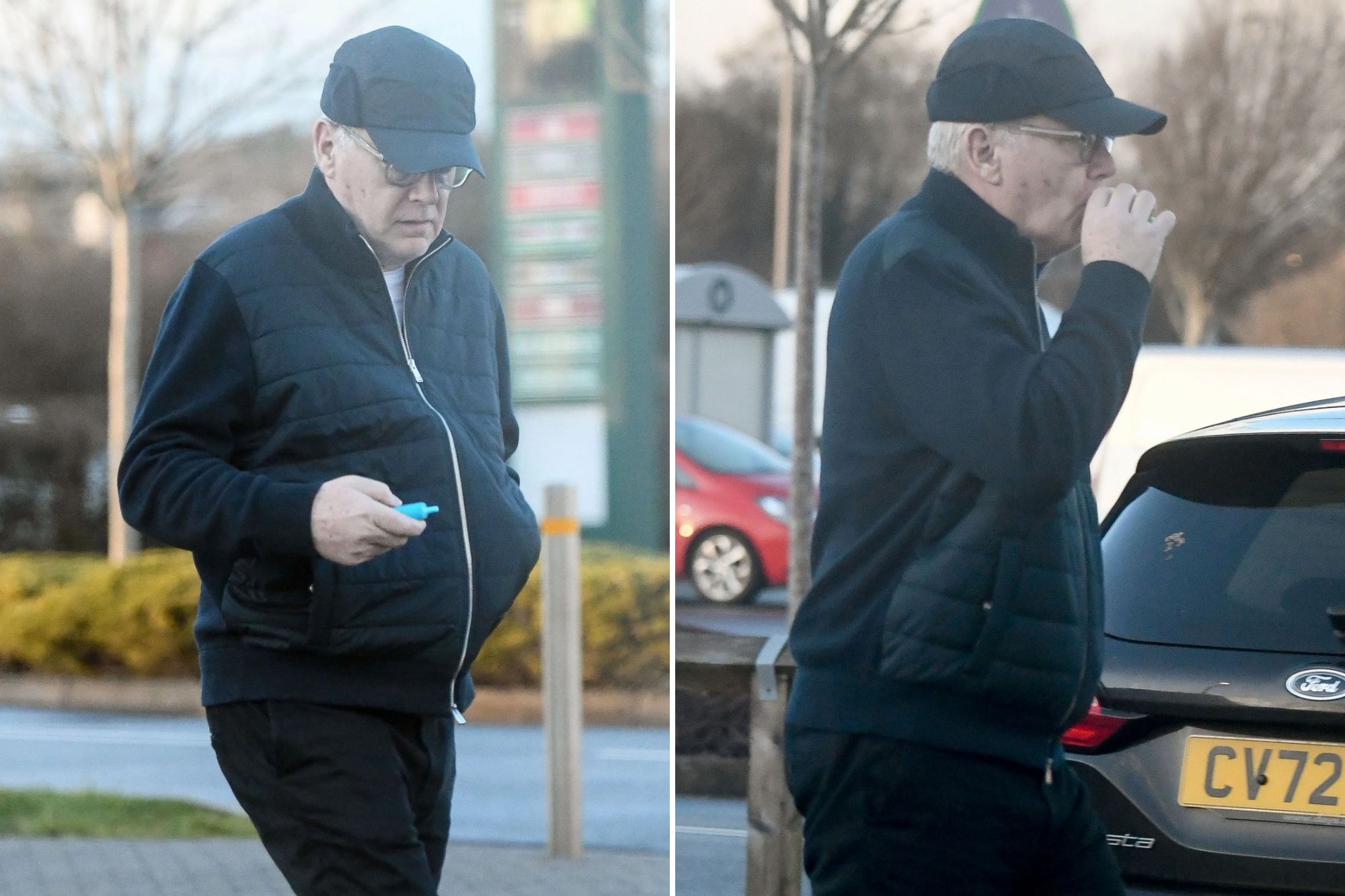 An image collage containing 2 images, Image 1 shows Huw Edwards seen outside in a dark blue cap and jacket, with glasses, Image 2 shows Huw Edwards wearing a dark baseball cap, glasses, and a dark jacket, taking a drink in a parking lot next to a black car