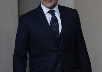 French President Emmanuel Macron greets leaders at the Elysee Palace on January 6, 2026 in Paris, France