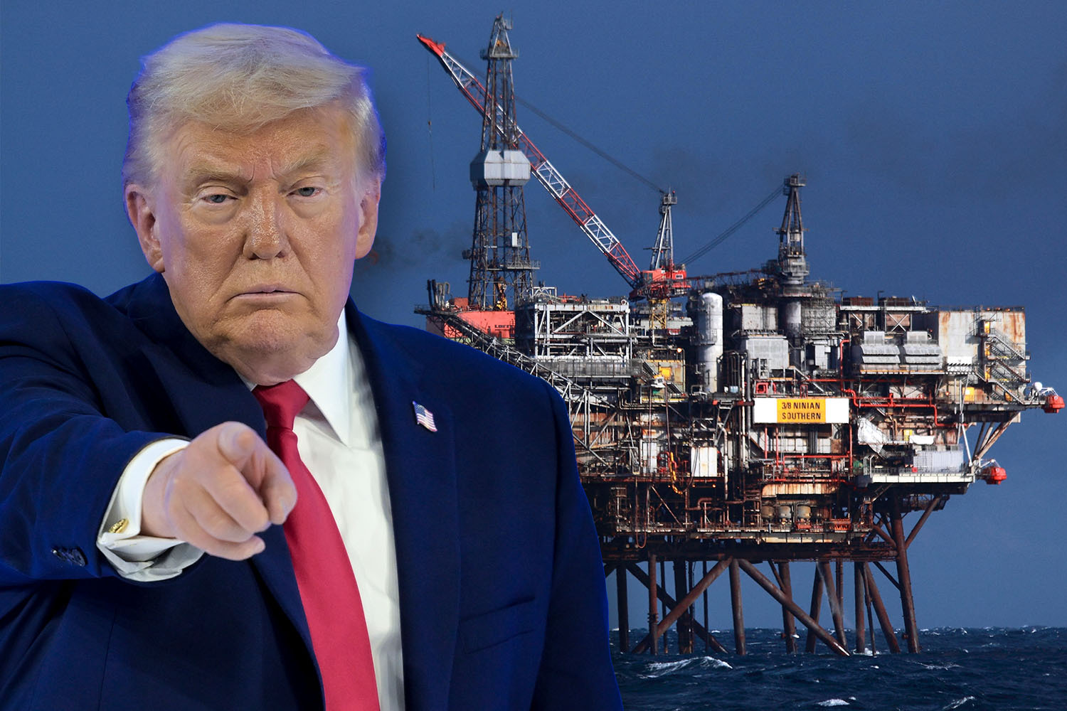 Collage of Donald Trump pointing and an oil rig.