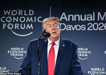 Donald Trump speaks during a reception with business leaders on the sidelines of the World Economic Forum (WEF) annual meeting in Davos on January 21