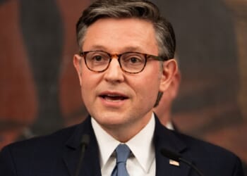 House Speaker Mike Johnson addresses the media Thursday after the House voted to pass its final slate of spending bills for the upcoming fiscal year.