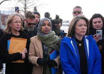 Minnesota Representatives Ilhan Omar (middle), and Angie Craig (right) and Kelly Morrison (left) were denied access to an ICE detention facility on Saturday