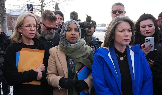 Minnesota Representatives Ilhan Omar (middle), and Angie Craig (right) and Kelly Morrison (left) were denied access to an ICE detention facility on Saturday