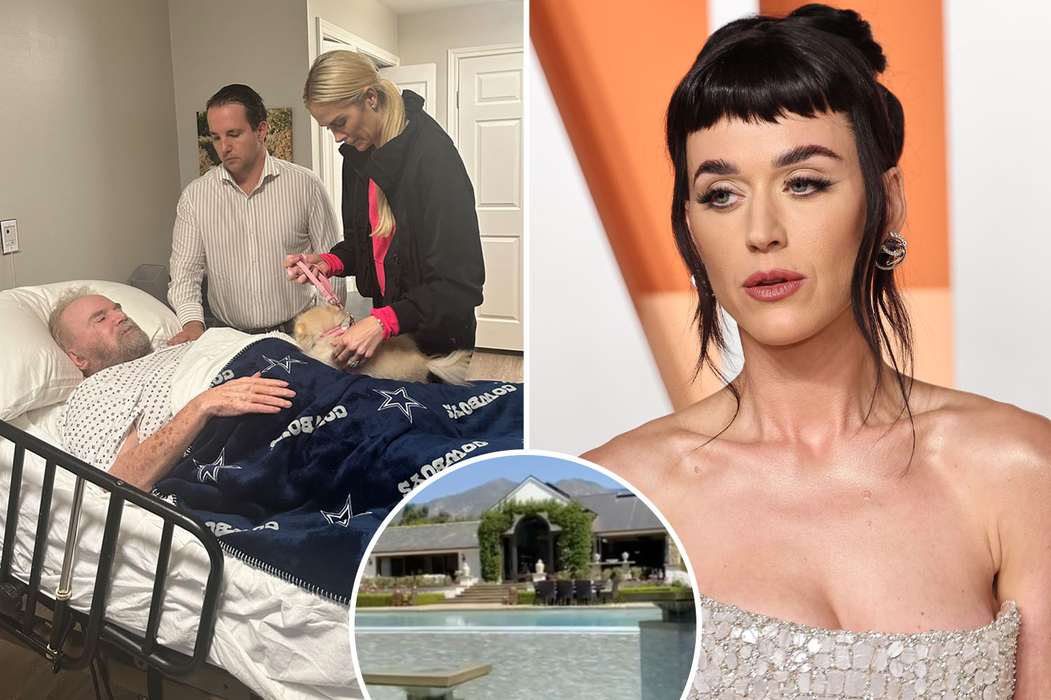 Collage of Katy Perry, an older man in a hospital bed with two other people, and a house with a pool.