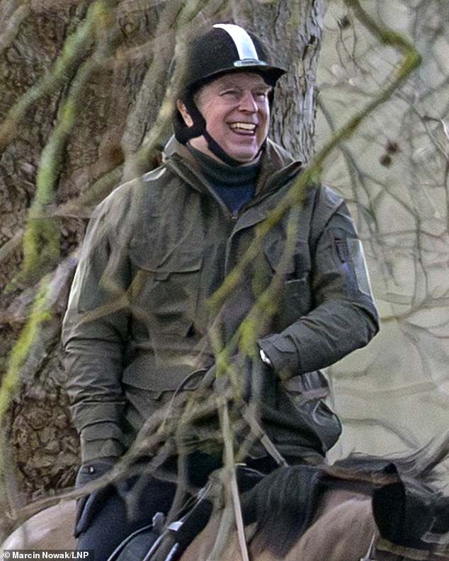 Andrew appeared in great spirits on Saturday and was seen laughing while riding through a wooded area in Windsor