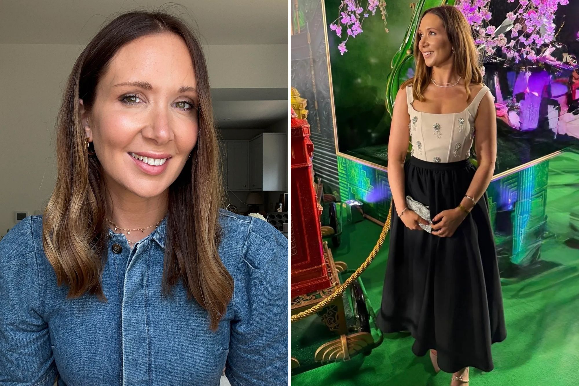 An image collage containing 2 images, Image 1 shows A woman with long brown hair smiles at the camera, wearing a denim top, Image 2 shows A woman in a cream embellished top and black skirt holding a clutch, standing on a green surface with pink flowers overhead