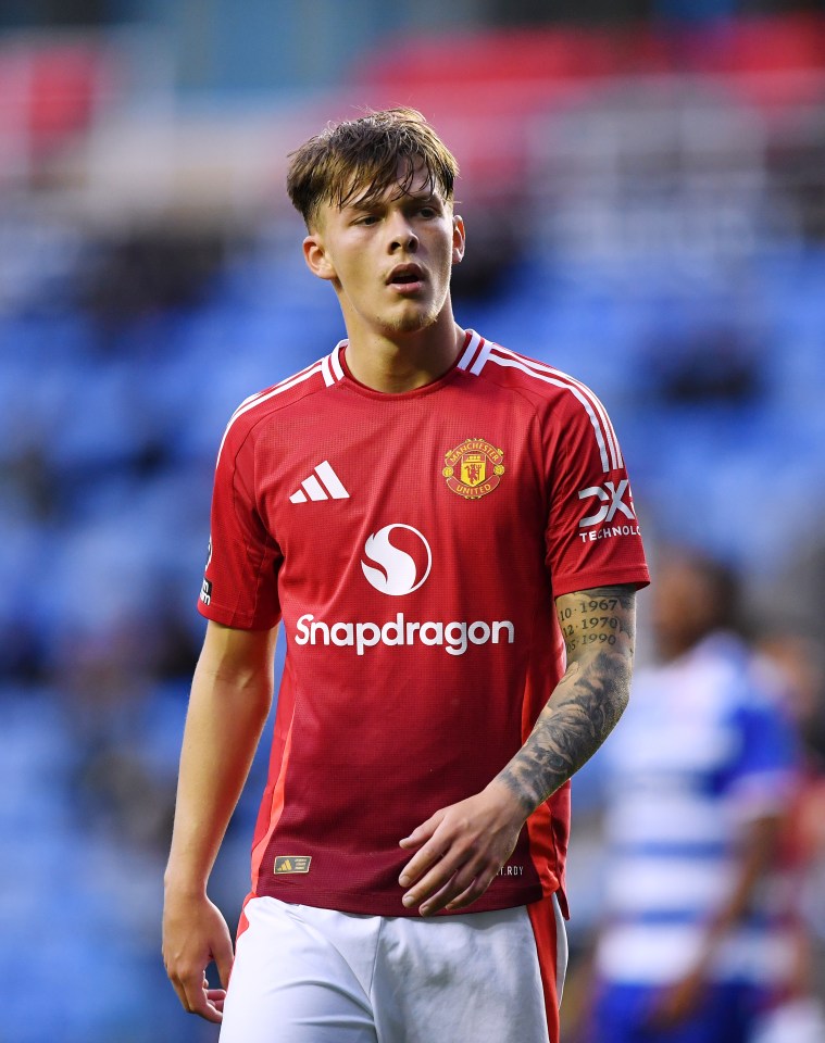 Sam Mather of Manchester United looks on during a Premier League 2 match.