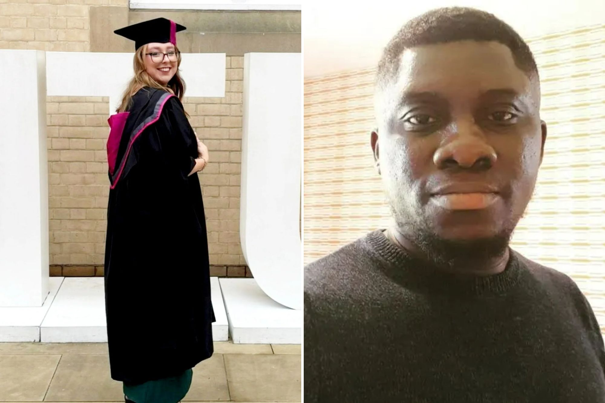 An image collage containing 2 images, Image 1 shows Stephanie Irons in her graduation gown, Image 2 shows Adedapo Adegbola, who pleaded guilty to murder