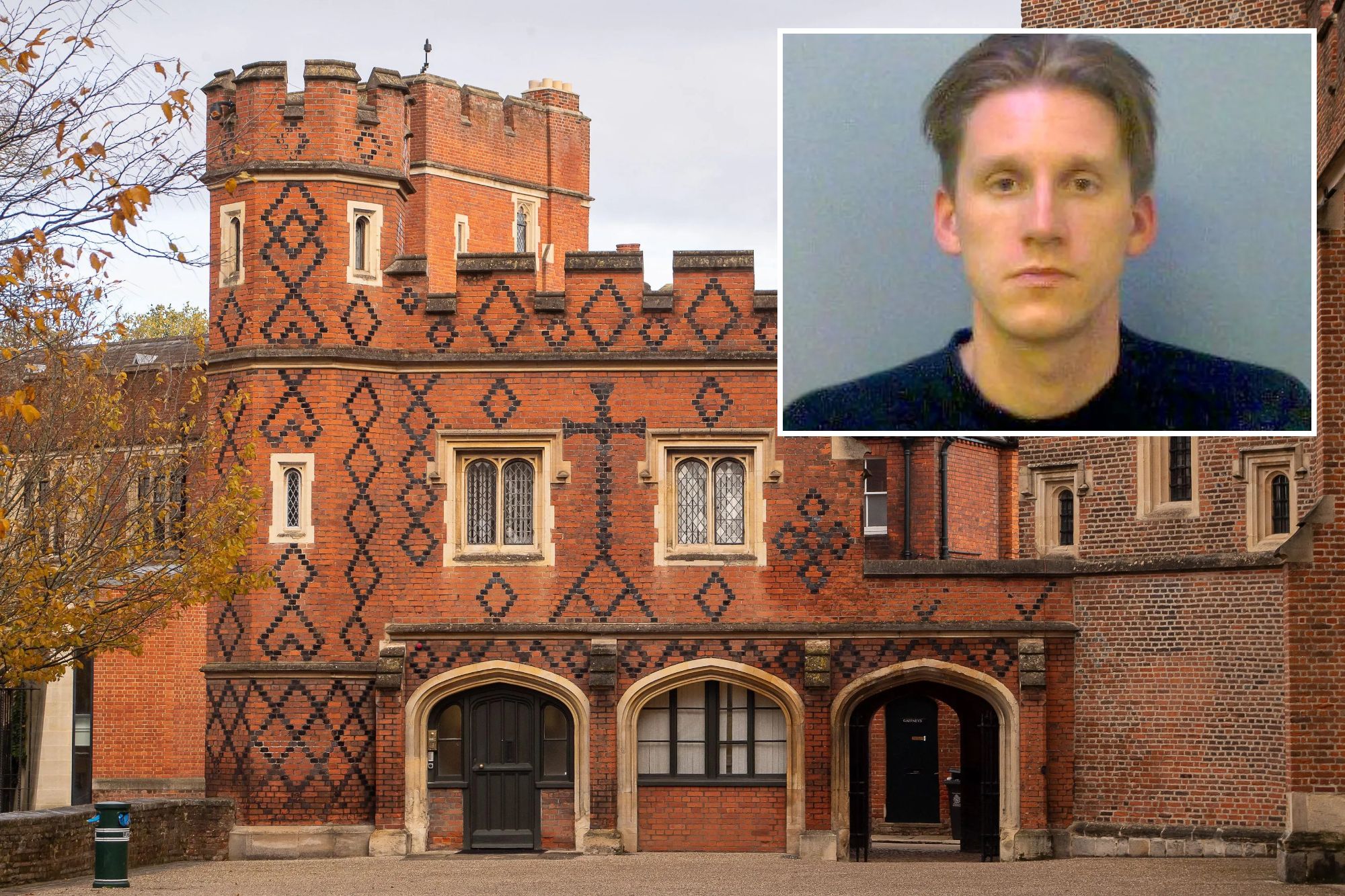 An image collage containing 2 images, Image 1 shows Eton, UK. 9th November, 2023. The famous public boarding school, Eton College in Eton, Windsor, Berkshire. Following a Thames Valley Police investigation, a former Eton College Modern Languages Master, Jacob Leland, has been charged with five counts, Image 2 shows Jacob Leland court case