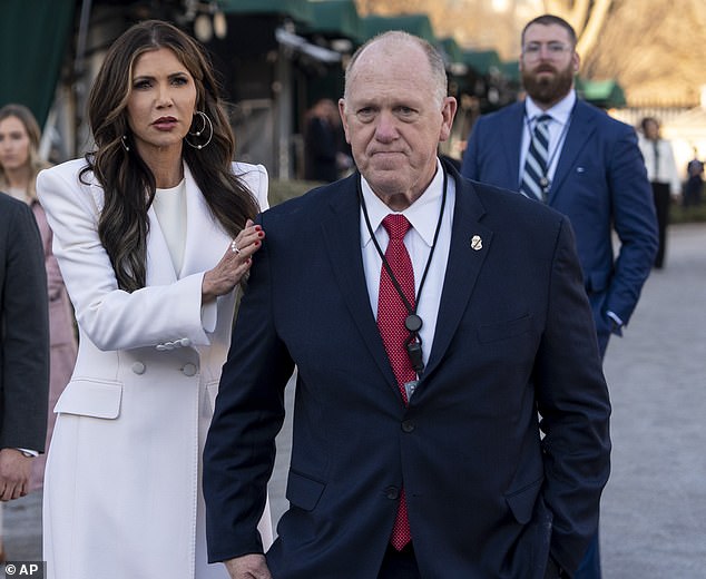 There are dark whispers of discontent at the highest levels of Homeland Security. It’s understood that Tom Homan, Trump’s ‘immigration czar’, is at odds with Kristi Noem (pictured with Homan), and other senior Trump figures