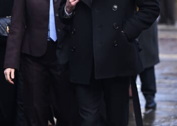 Rivals stars Alex Hassell and Bella Maclean arrive at the memorial service for Dame Jilly Cooper today