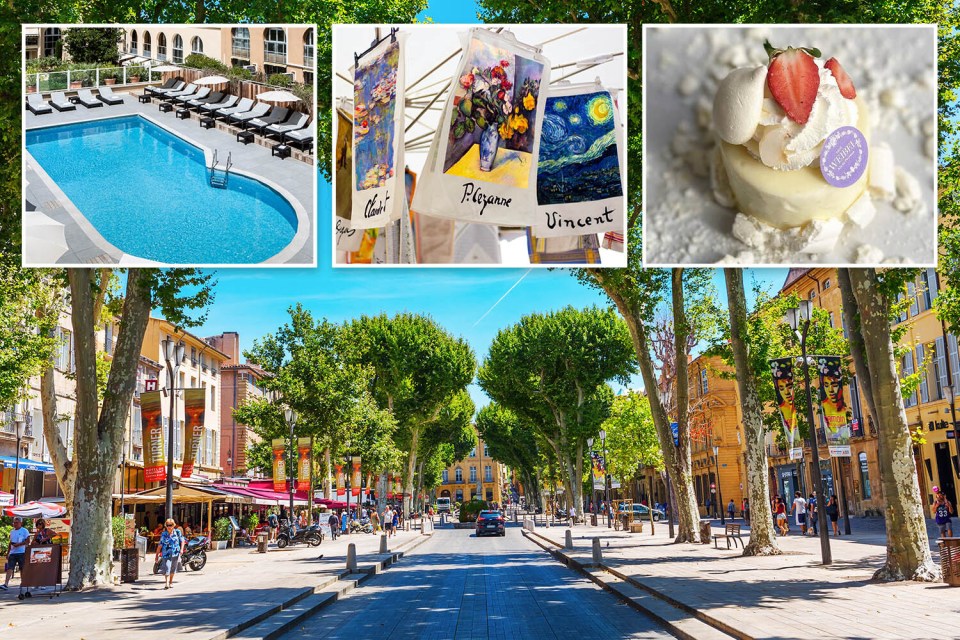 Collage of a pool area, tapestries with paintings, a strawberry dessert, and a tree-lined street.