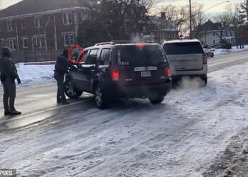 Amateur video of the Minneapolis incident shows the uniformed ICE officer, who fired the fatal shots, may have stepped directly in front of the vehicle driven by Ms Good (pictured)