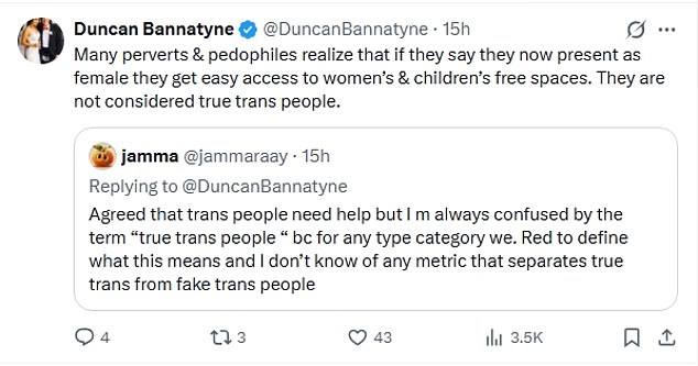 He threw his own hand grenade into the mix by branding some biological males who sought access to female-only spaces 'perverts and paedophiles.'