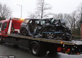 The Citroen Picasso, removed from the scene on Wigan Road, Bolton, this morning was very badly damaged in the crash