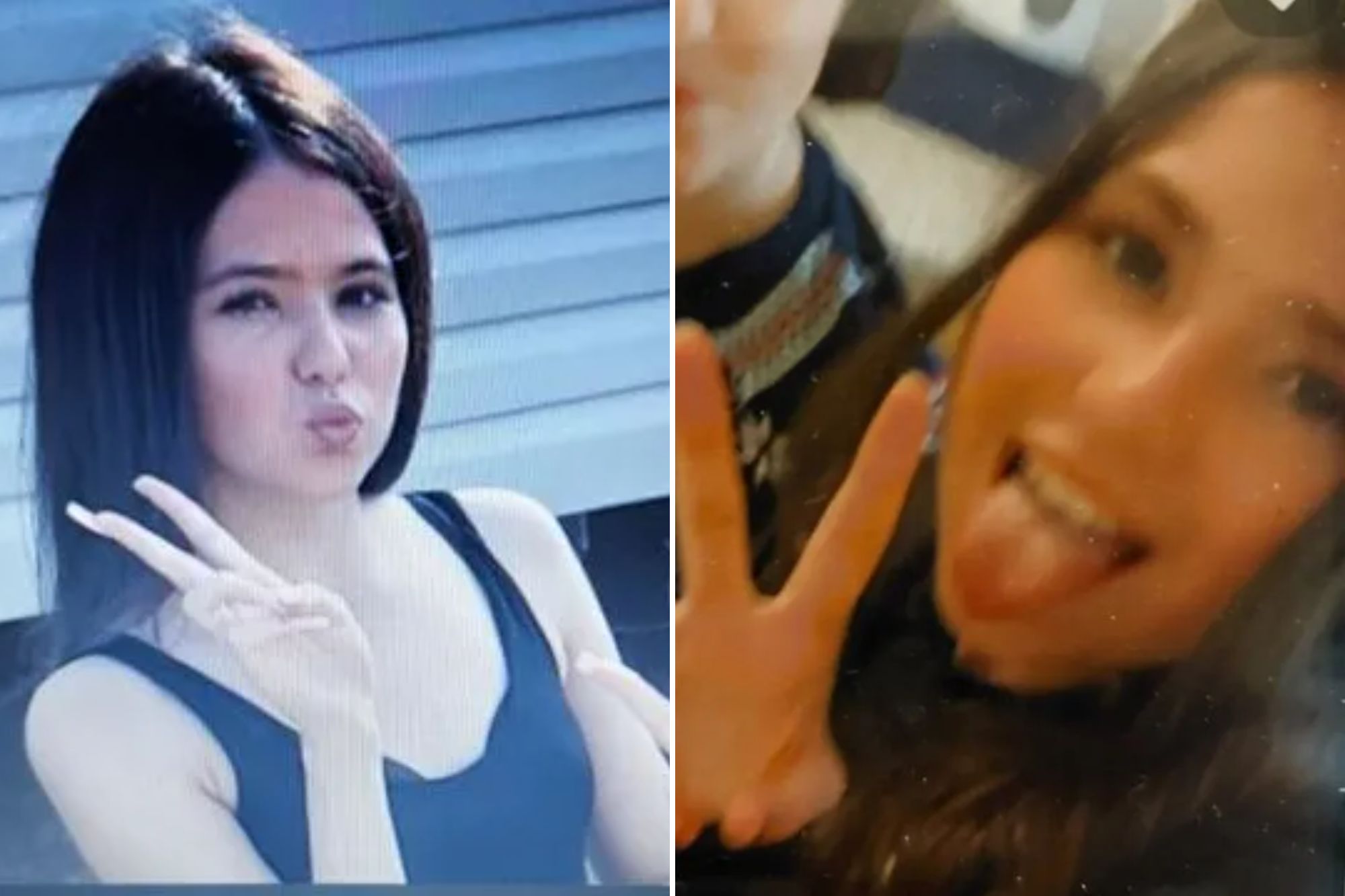 An image collage containing 2 images, Image 1 shows Woman making a kissing face and peace sign, Image 2 shows Person making a peace sign and sticking out their tongue