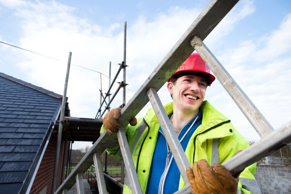 An image collage containing 1 images, Image 1 shows Happy young builder carrying a ladder on the roof