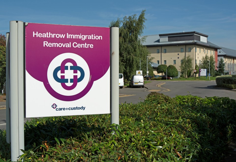 An outdoor sign for the Heathrow Immigration Removal Centre in Harmondsworth, London.