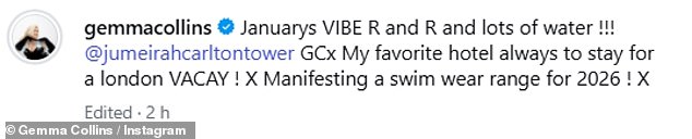 Gemma captioned the post: 'Januarys VIBE R and R and lots of water !!! @jumeirahcarltontower GCx My favorite hotel always to stay for a london VACAY ! X'