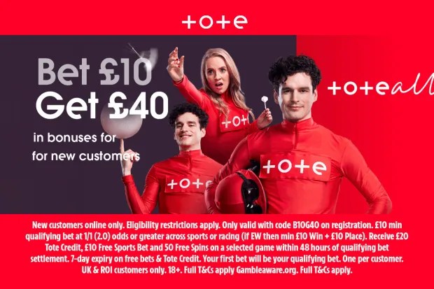 Tote bet promotion offering Bet £10, Get £40 in bonuses for new customers.