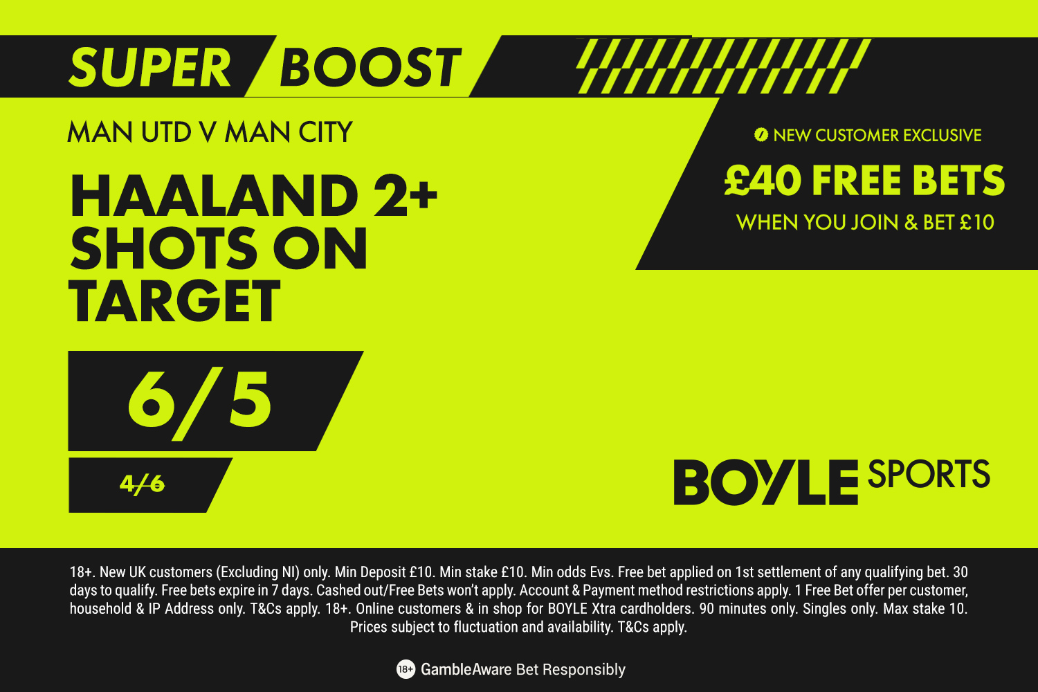 Illustration for BoyleSports offering a "Super Boost" on Haaland 2+ shots on target at 6/5 odds for the Man Utd v Man City match, plus a new customer exclusive of £40 free bets.